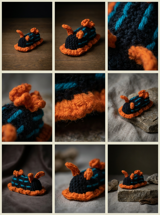 Hand-crocheted black nudibranch with teal stripes and orange rhinophores