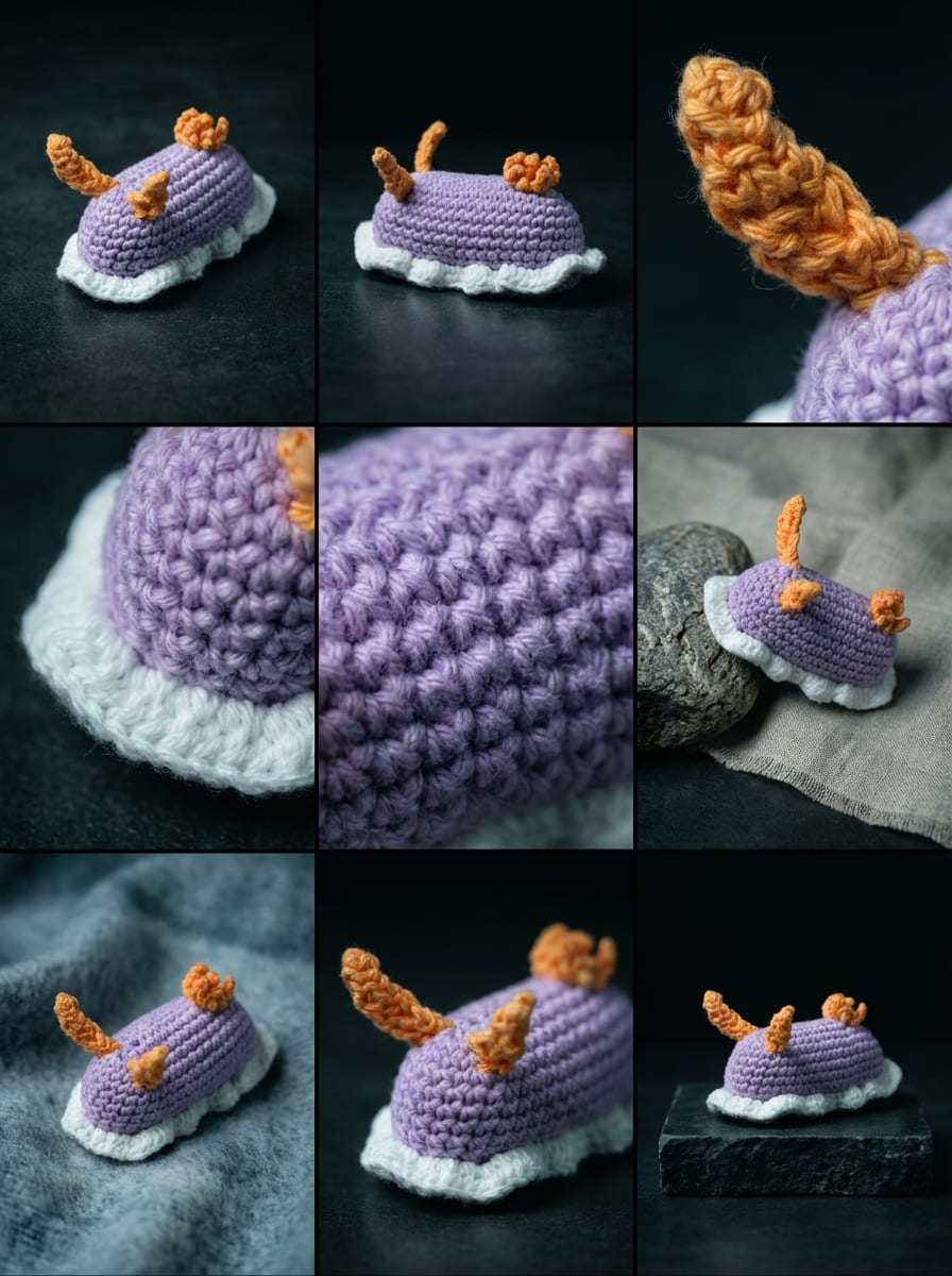 Hand-crocheted purple and white nudibranch with orange rhinophores