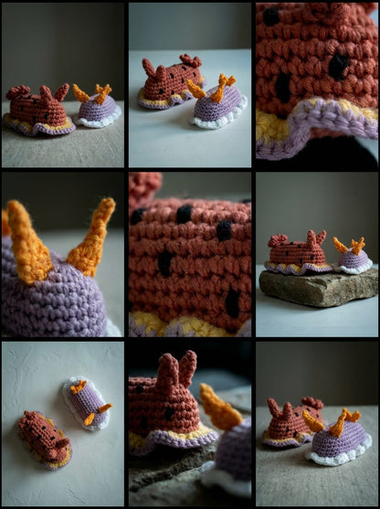 Hand-crocheted red nudibranch with purple accents