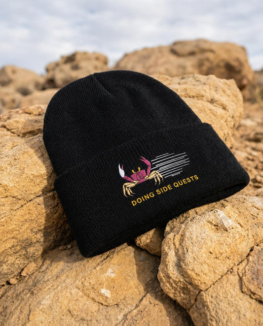 Doing Side Quests Embroidered Beanie | Crab Cuffed Knit Hat